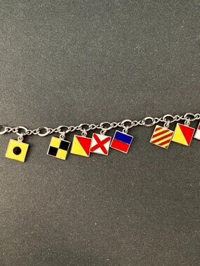 Silver Tone Nautical Signal Flag Charm Bracelet Colorful Enamel Coastal Jewelry